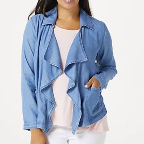 Denim&Co Jackets & Blazers - Denim & Co Open Drape Patch Pocket Indigo Jacket